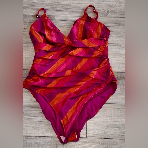Ralph Lauren Pink Orange Purple Stripe Swimsuit - US 16 Trendy Designer Swimwear - Picture 1 of 6
